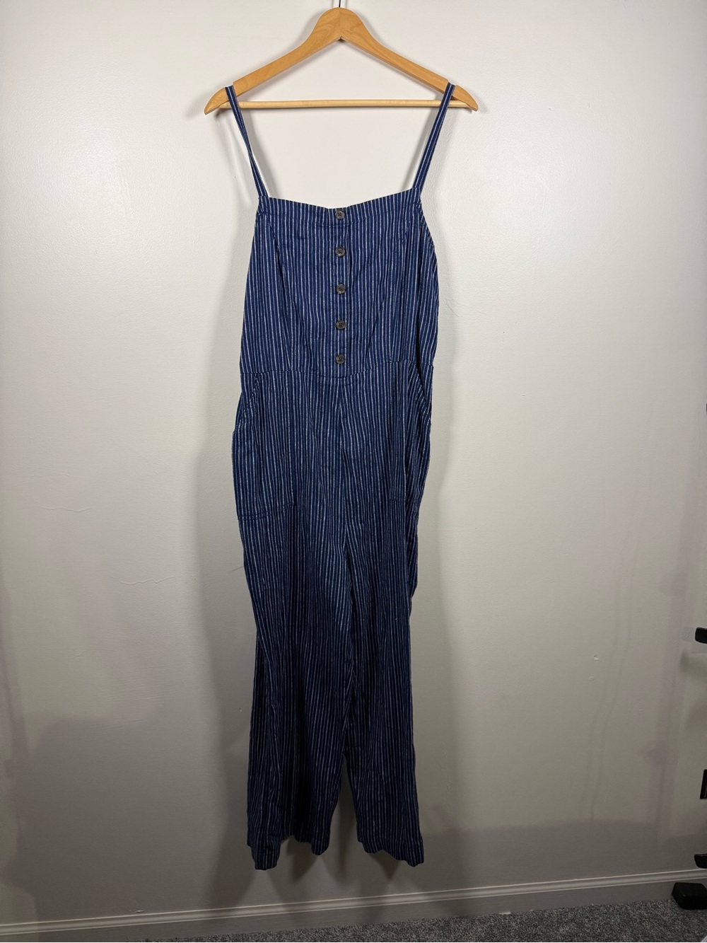 Old Navy Navy Blue Striped Button-Front Jumpsuit